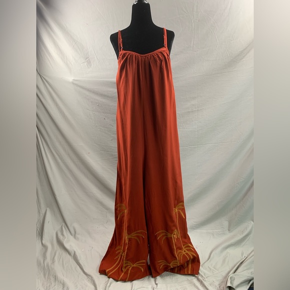 Rust Tropical Embroidery Wide Leg Cami Jumpsuit Without Belt - Picture 7 of 10